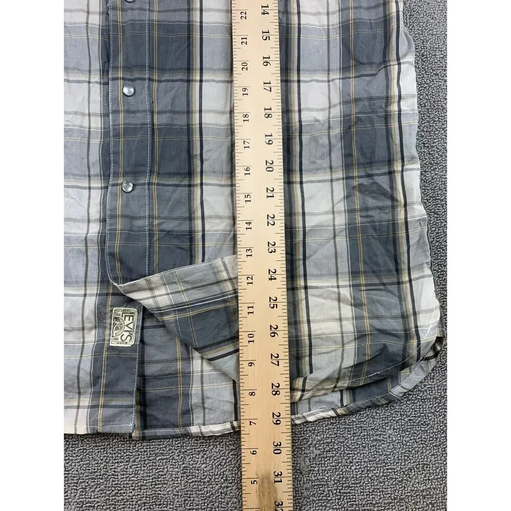Levi’s Western Snap Shirt Men's L Gray Plaid‎ Short Sleeve Pearl Snaps